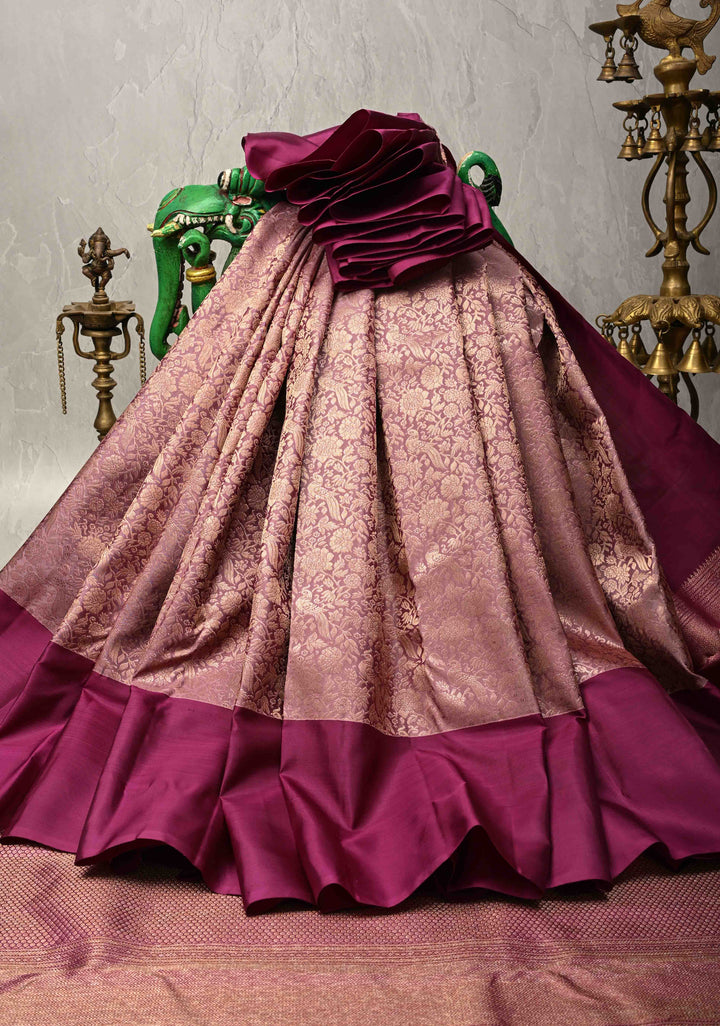 Dusty Mauve Kanjivaram Pure Silk Saree with Meenakari Floral-Peacock Brocade and Wide Contrast Border | SILK MARK CERTIFIED