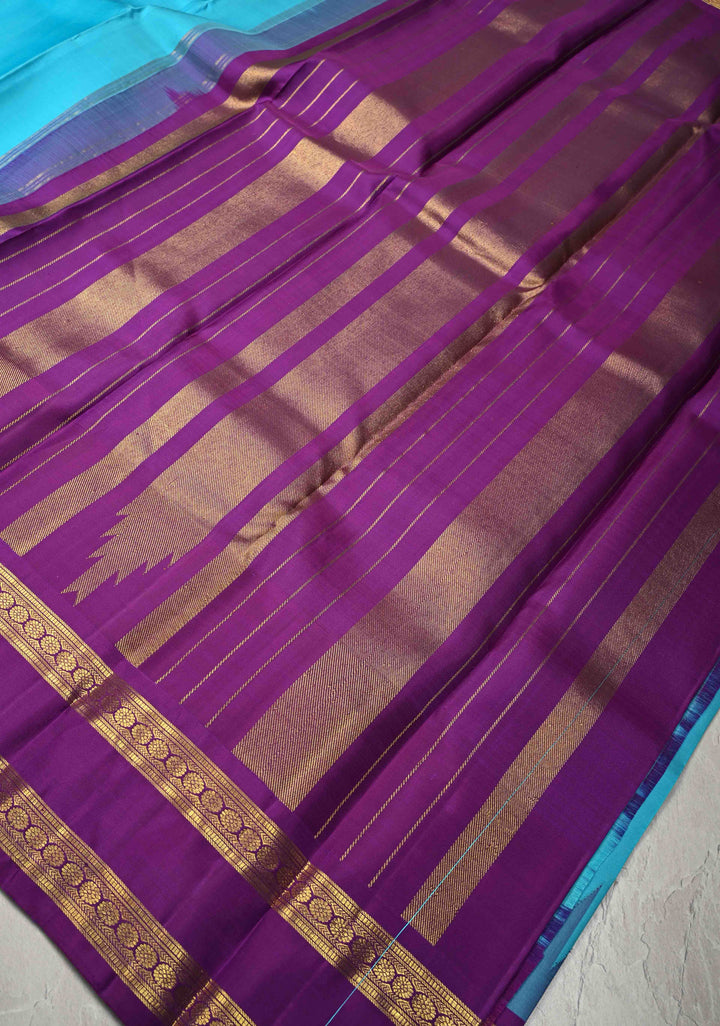 Turquoise Blue Kanjivaram Pure Silk Saree with Contrast Temple Rettaipet Zari Border | SILK MARK CERTIFIED