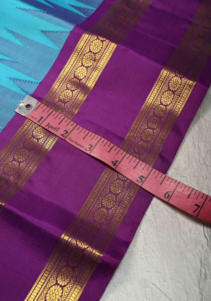 Turquoise Blue Kanjivaram Pure Silk Saree with Contrast Temple Rettaipet Zari Border | SILK MARK CERTIFIED