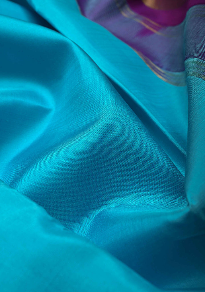 Turquoise Blue Kanjivaram Pure Silk Saree with Contrast Temple Rettaipet Zari Border | SILK MARK CERTIFIED