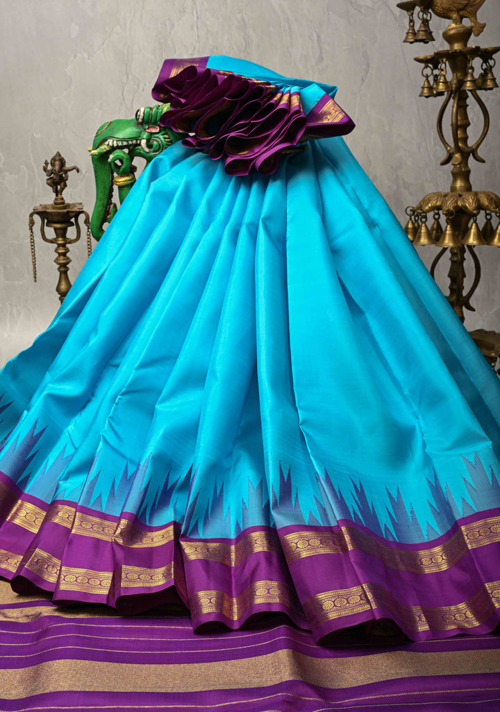 Turquoise Blue Kanjivaram Pure Silk Saree with Contrast Temple Rettaipet Zari Border | SILK MARK CERTIFIED