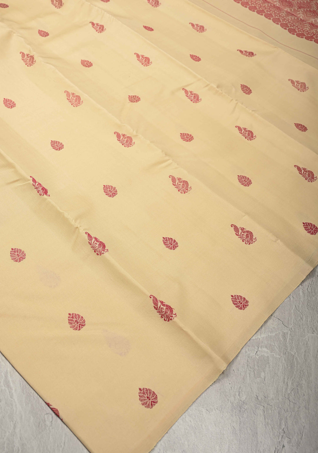 Zariless Beige Borderless Pure Kanjivaram Silk Saree with Resham Buttas  | SILK MARK CERTIFIED