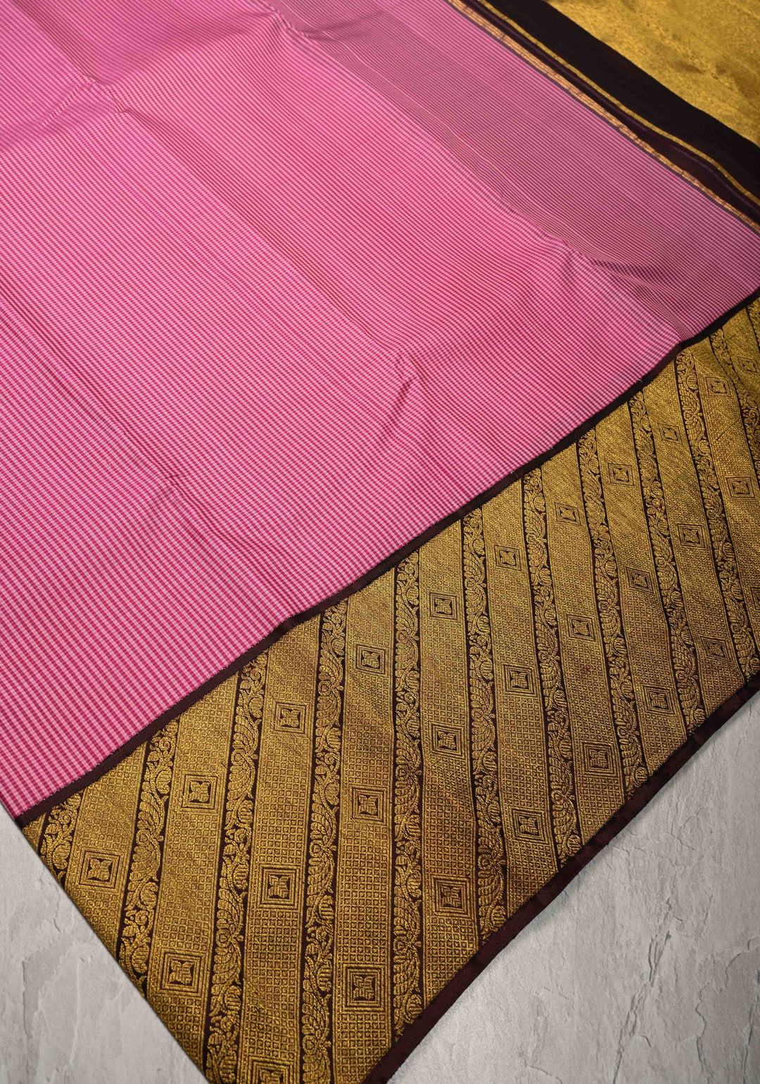 Pure Zari Korvai Kanjivaram Pure Silk Saree with Podi-Kattam Checks and Wide Contrast Zari Border | SILK MARK CERTIFIED