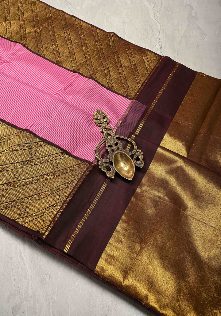 Pure Zari Korvai Kanjivaram Pure Silk Saree with Podi-Kattam Checks and Wide Contrast Zari Border | SILK MARK CERTIFIED