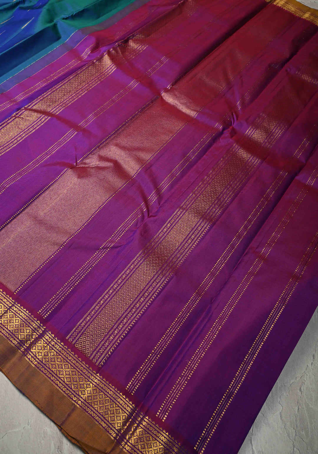 Peacock Blue-Green Dual Tone Kanjivaram Pure Silk Saree with Rain Drop Buttas and Contrast Zari Border | SILK MARK CERTIFIED