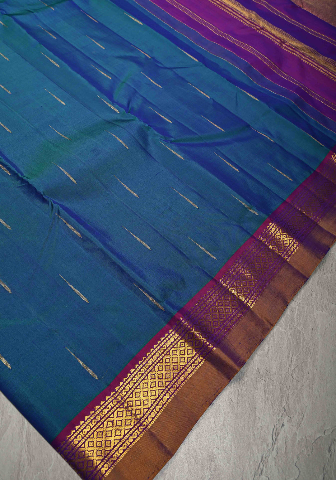 Peacock Blue-Green Dual Tone Kanjivaram Pure Silk Saree with Rain Drop Buttas and Contrast Zari Border | SILK MARK CERTIFIED