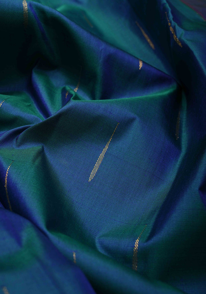 Peacock Blue-Green Dual Tone Kanjivaram Pure Silk Saree with Rain Drop Buttas and Contrast Zari Border | SILK MARK CERTIFIED