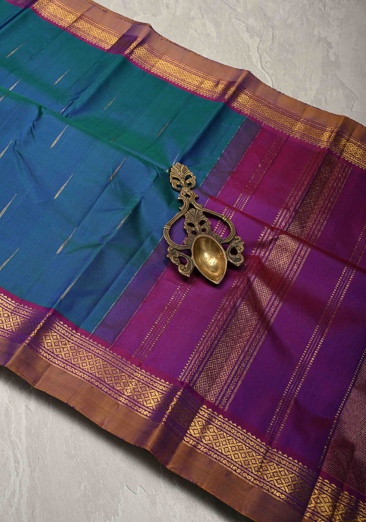 Peacock Blue-Green Dual Tone Kanjivaram Pure Silk Saree with Rain Drop Buttas and Contrast Zari Border | SILK MARK CERTIFIED