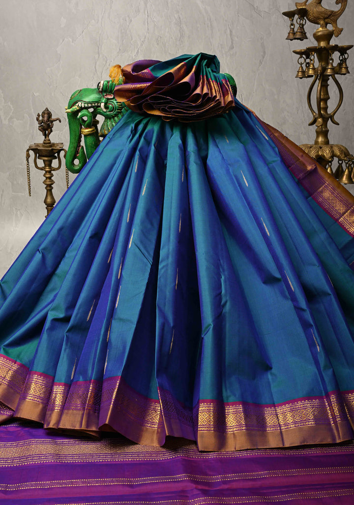 Peacock Blue-Green Dual Tone Kanjivaram Pure Silk Saree with Rain Drop Buttas and Contrast Zari Border | SILK MARK CERTIFIED