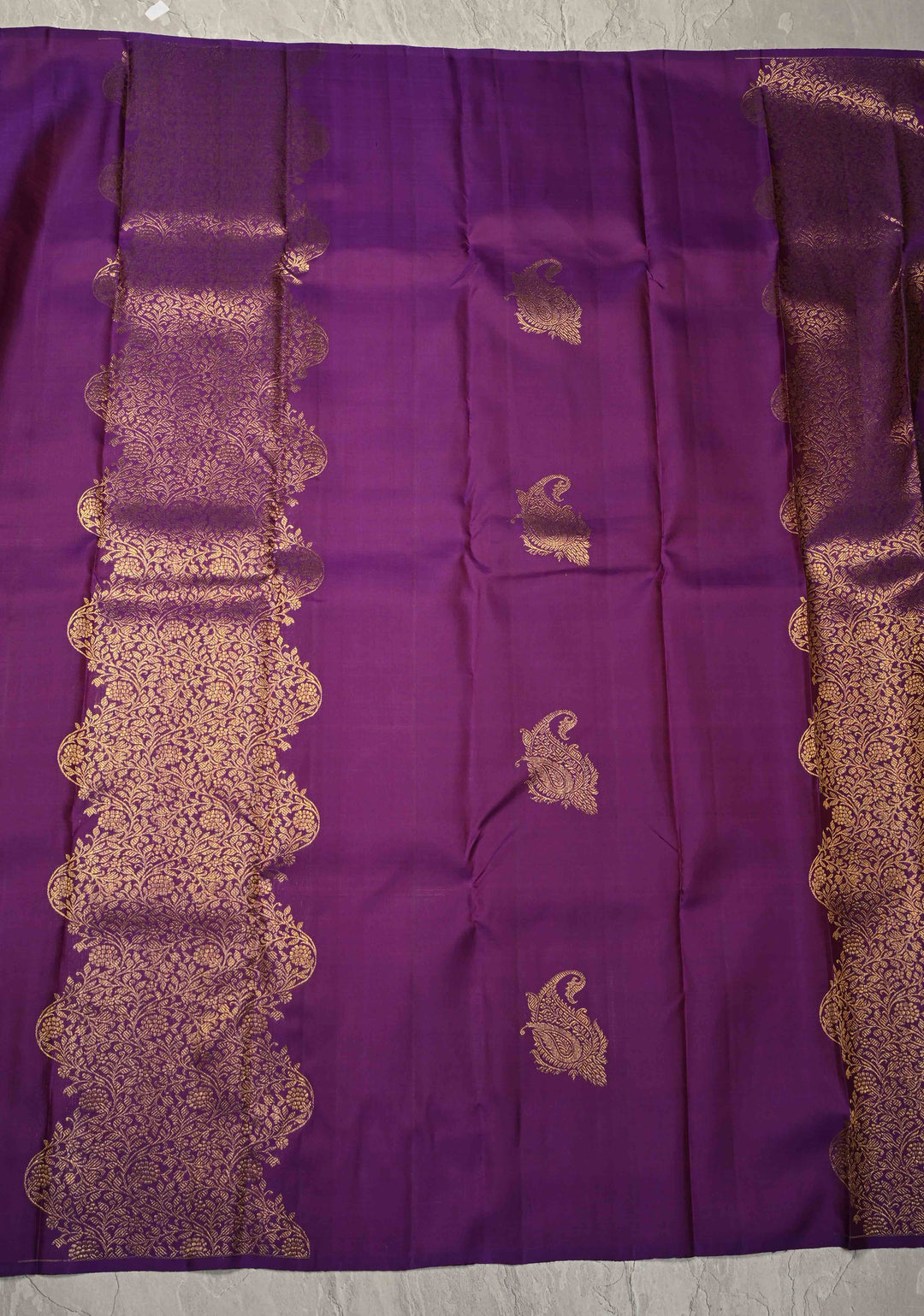 Borderless Plum Kanjivaram Pure Silk Saree with Paisley Motifs and Weavy Design Zari Panel  | SILK MARK CERTIFIED