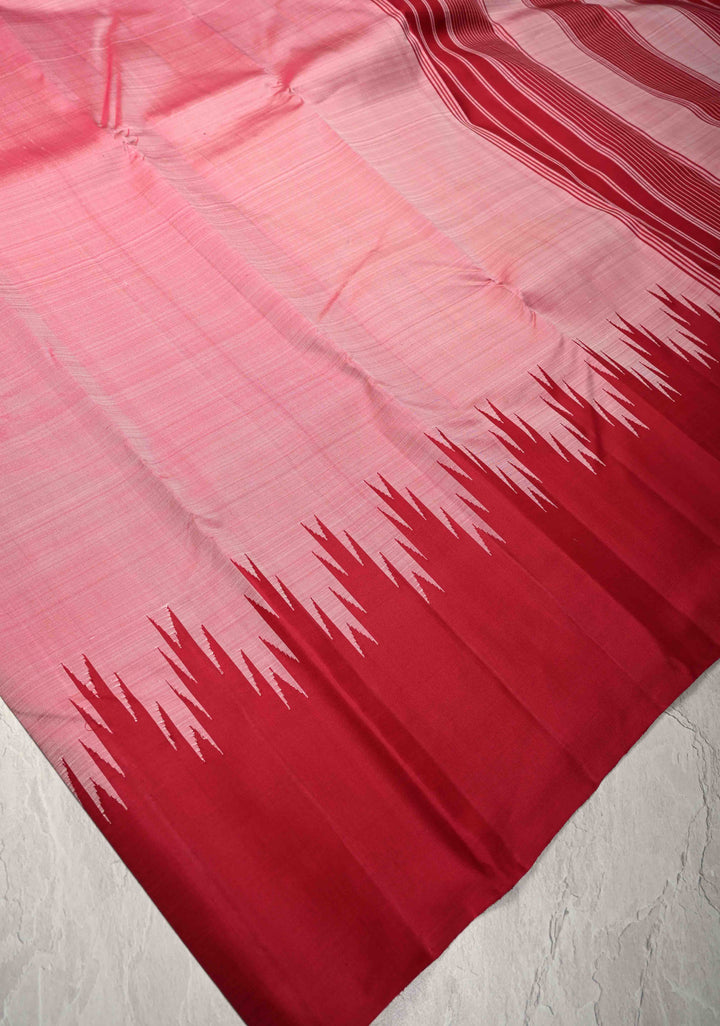 Rose Pink Kanjivaram Silk Saree with Zariless Contrast Temple Border | SILK MARK CERTIFIED