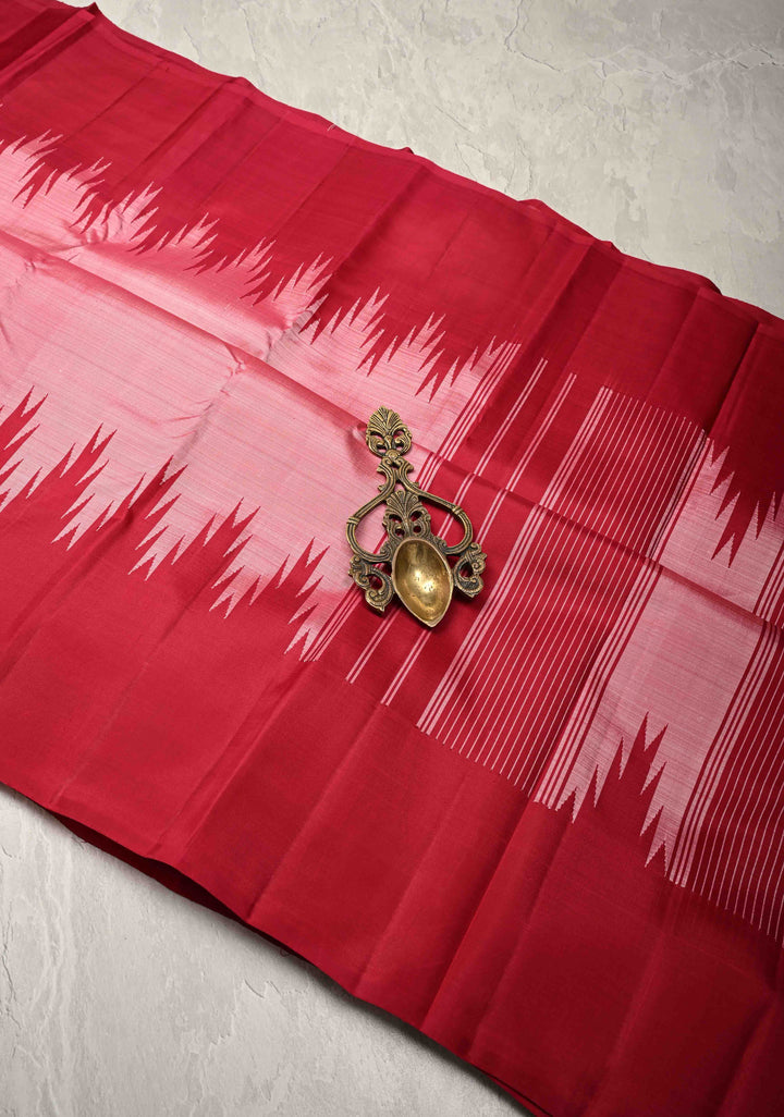 Rose Pink Kanjivaram Silk Saree with Zariless Contrast Temple Border | SILK MARK CERTIFIED
