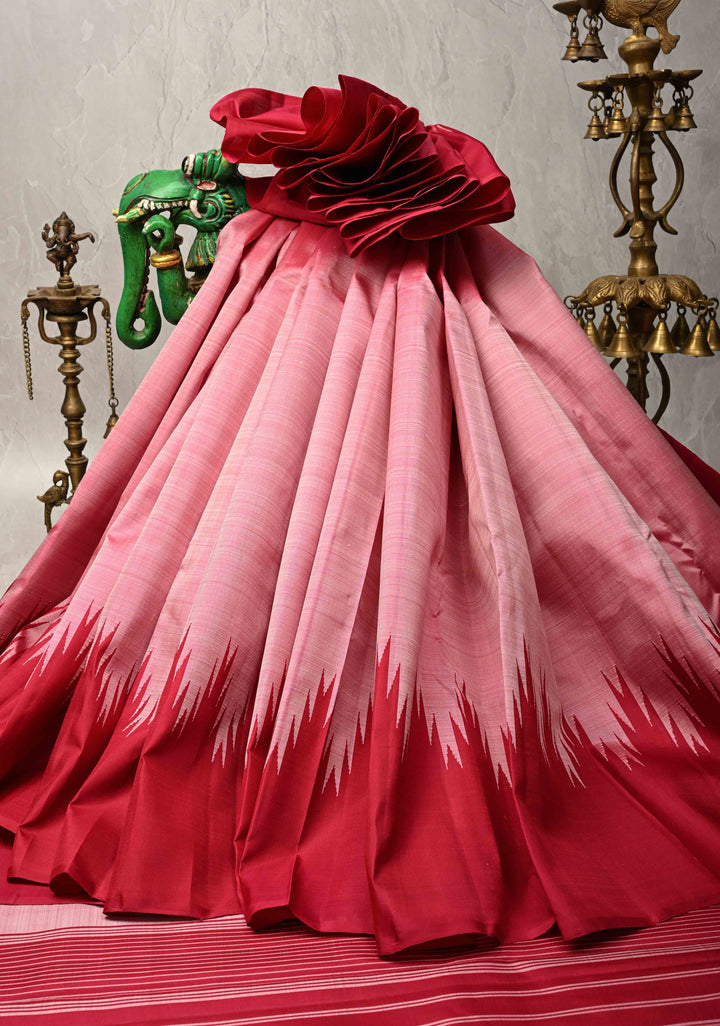 Rose Pink Kanjivaram Silk Saree with Zariless Contrast Temple Border | SILK MARK CERTIFIED