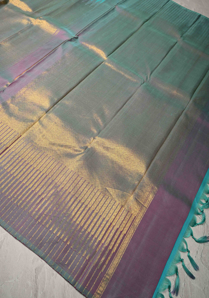 Lagoon Blue-Dusty Mauve Rising temple border on Pure Kanjivaram Silk Saree and contrast Pallu | SILK MARK CERTIFIED