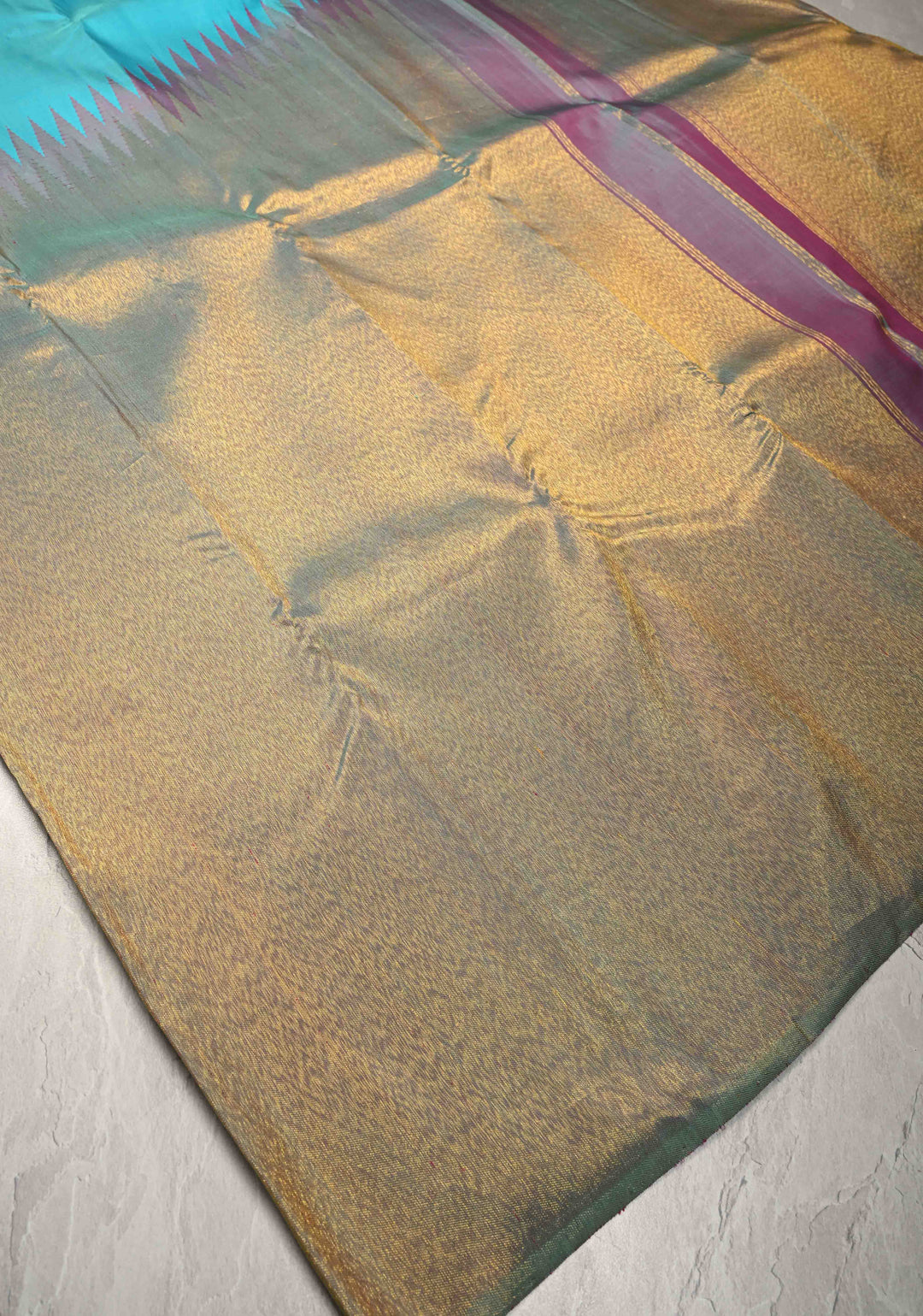 Lagoon Blue-Dusty Mauve Rising temple border on Pure Kanjivaram Silk Saree and contrast Pallu | SILK MARK CERTIFIED