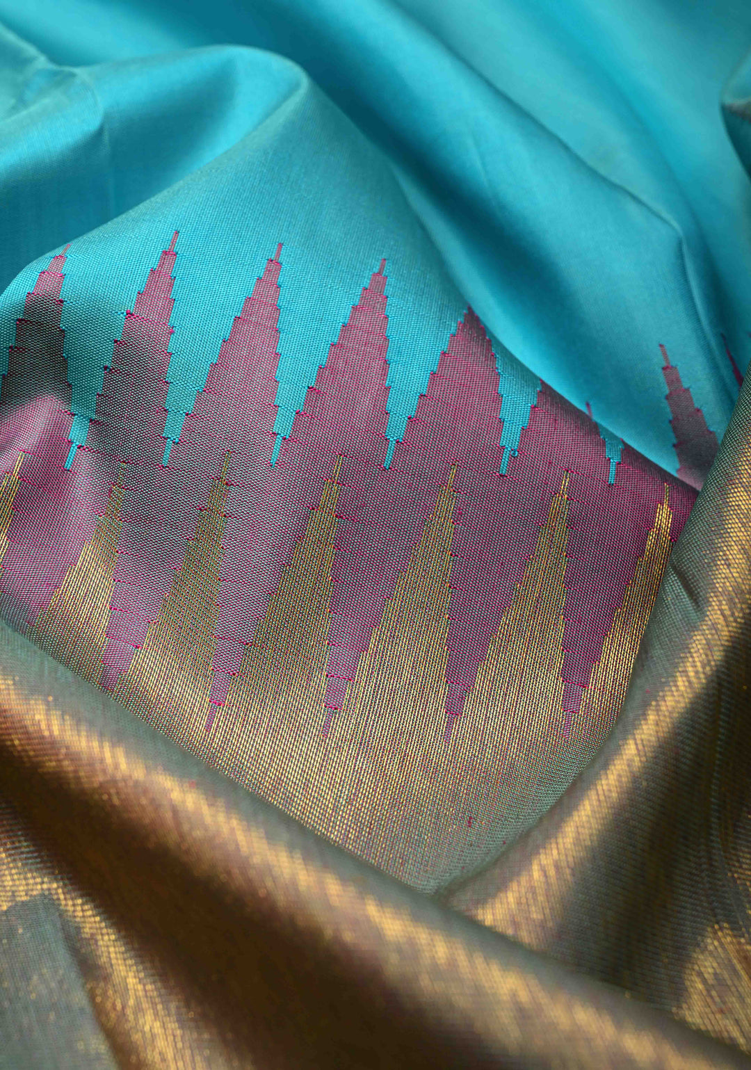 Lagoon Blue-Dusty Mauve Rising temple border on Pure Kanjivaram Silk Saree and contrast Pallu | SILK MARK CERTIFIED
