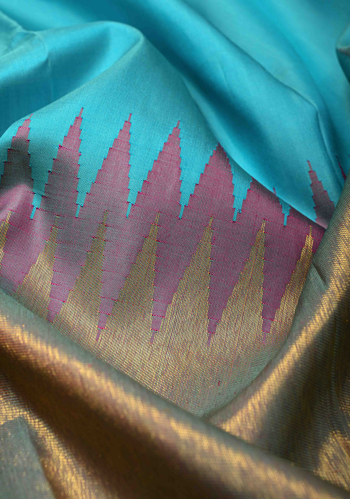 Lagoon Blue-Dusty Mauve Rising temple border on Pure Kanjivaram Silk Saree and contrast Pallu | SILK MARK CERTIFIED