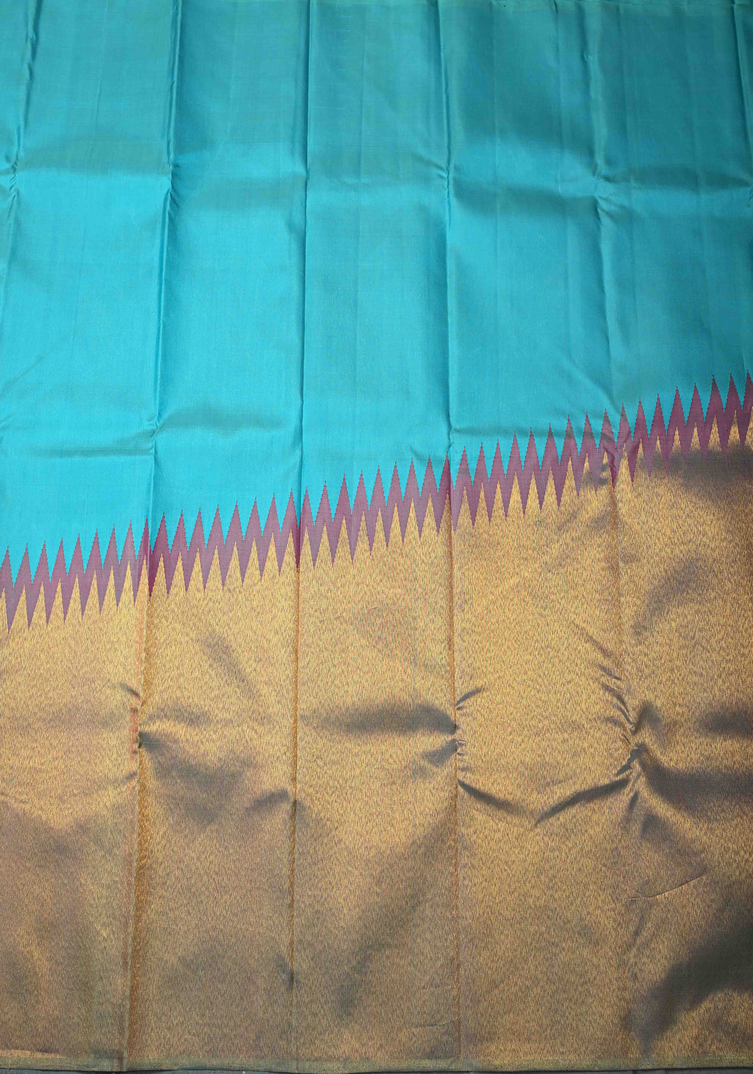 Lagoon Blue-Dusty Mauve Rising temple border on Pure Kanjivaram Silk Saree and contrast Pallu | SILK MARK CERTIFIED