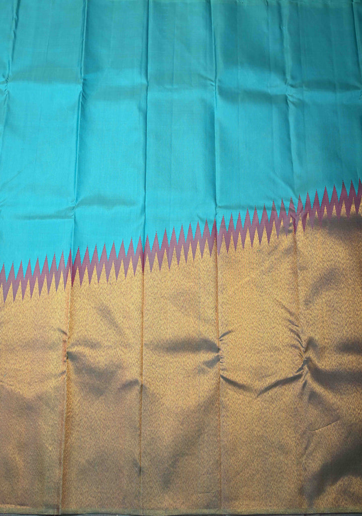 Lagoon Blue-Dusty Mauve Rising temple border on Pure Kanjivaram Silk Saree and contrast Pallu | SILK MARK CERTIFIED
