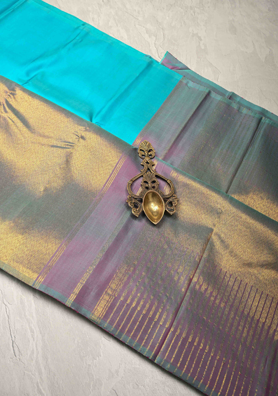 Lagoon Blue-Dusty Mauve Rising temple border on Pure Kanjivaram Silk Saree and contrast Pallu | SILK MARK CERTIFIED