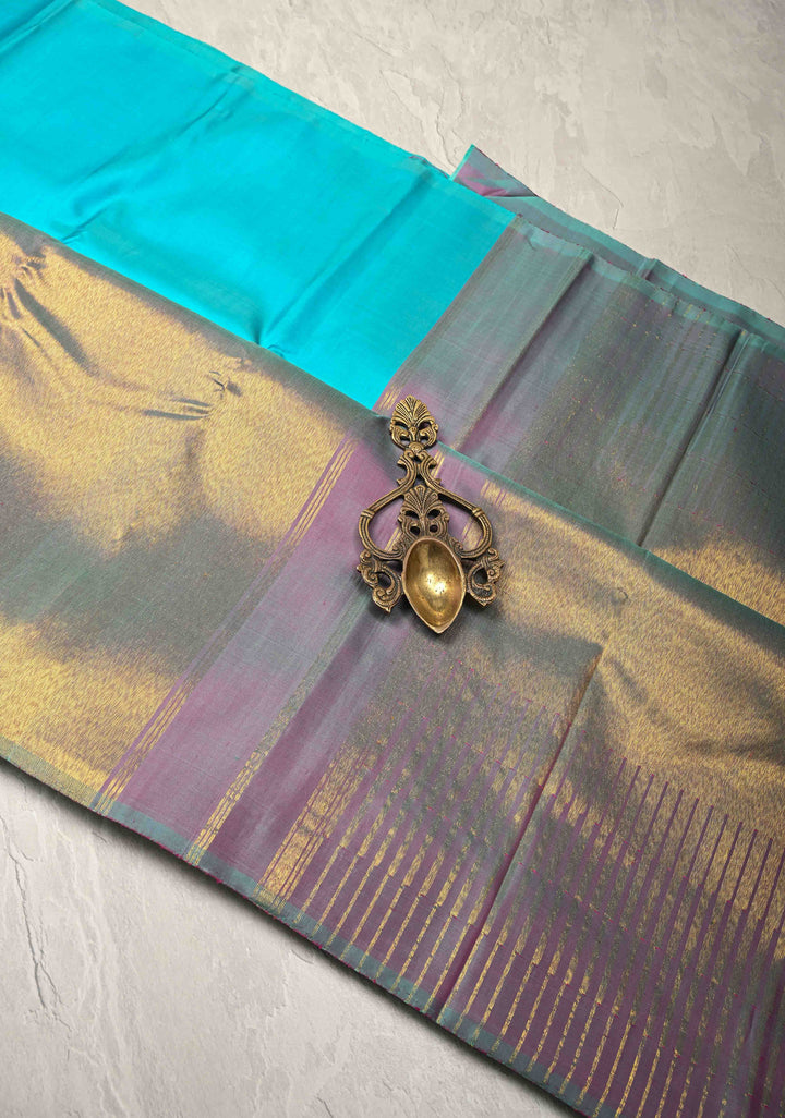 Lagoon Blue-Dusty Mauve Rising temple border on Pure Kanjivaram Silk Saree and contrast Pallu | SILK MARK CERTIFIED
