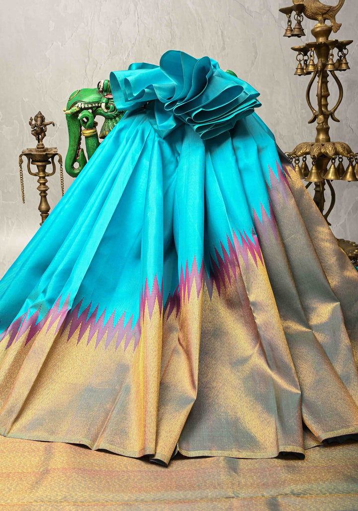 Lagoon Blue-Dusty Mauve Rising temple border on Pure Kanjivaram Silk Saree and contrast Pallu | SILK MARK CERTIFIED