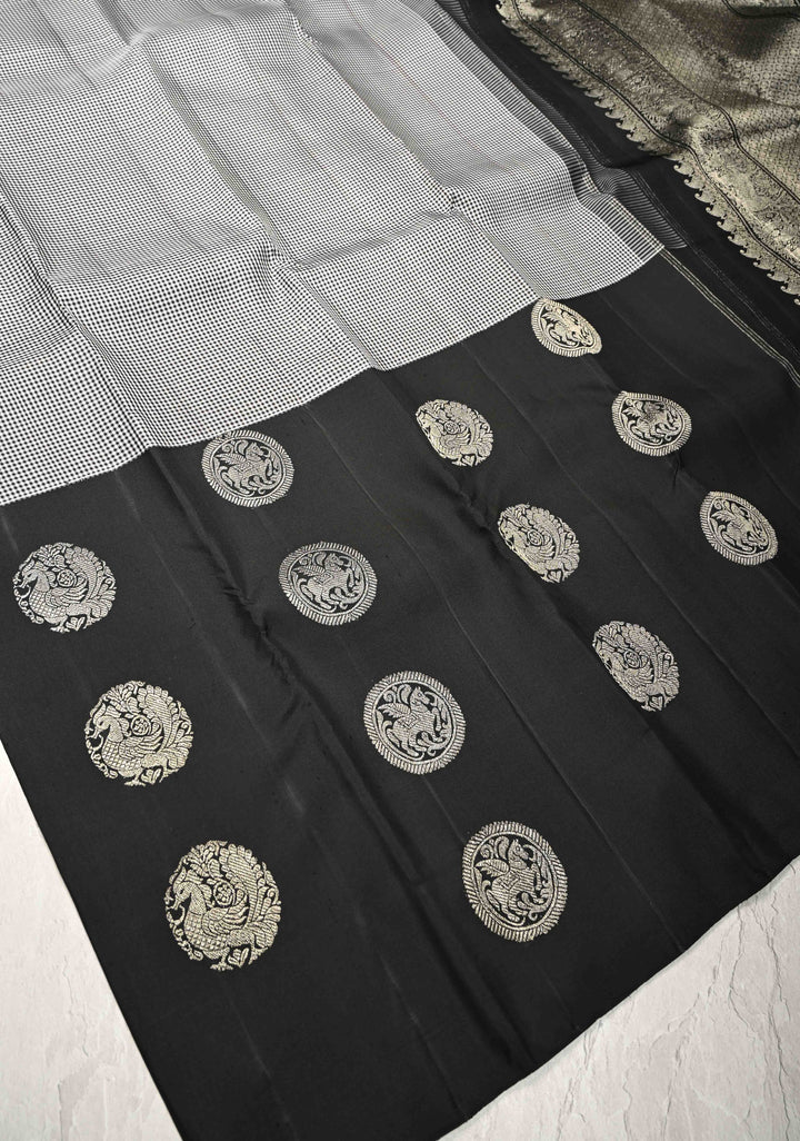 Black-white Vintage Checks on Kanjivaram Pure Silk Saree with Mythological Motifs on Skirt Border | SILK MARK CERTIFIED