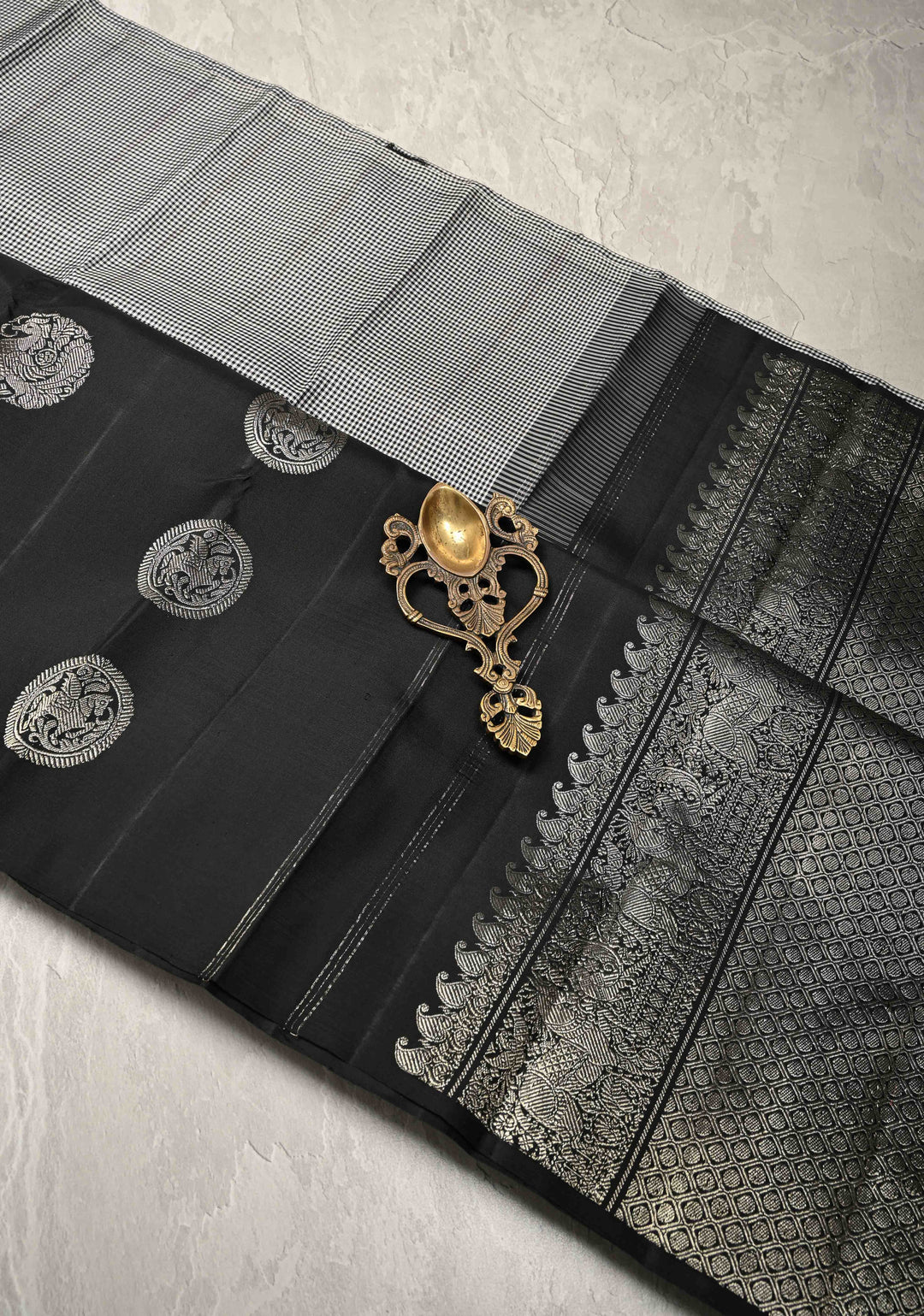 Black-white Vintage Checks on Kanjivaram Pure Silk Saree with Mythological Motifs on Skirt Border | SILK MARK CERTIFIED