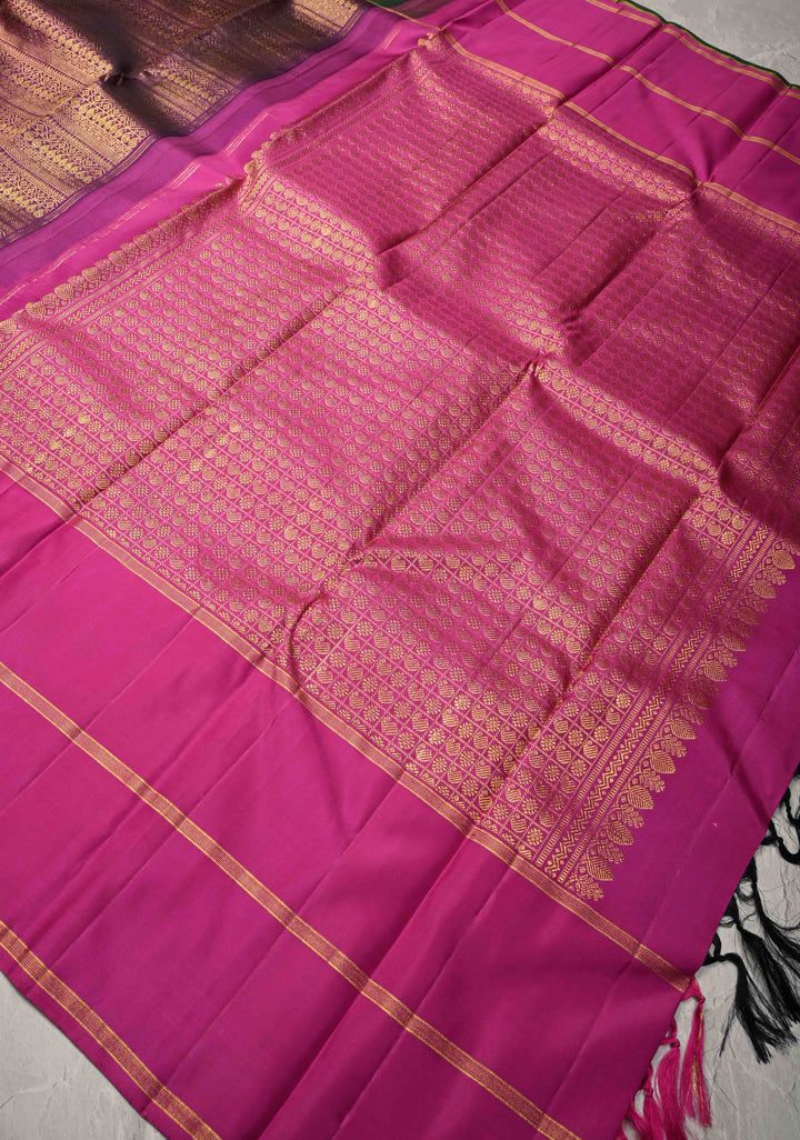 Purple Brocade Kanjivaram Pure Silk Saree with Wide Ganga Jumana Border | SILK MARK CERTIFIED