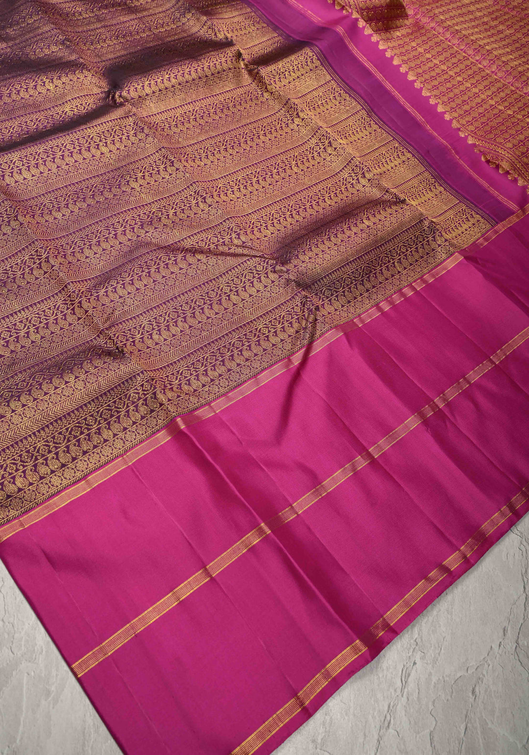 Purple Brocade Kanjivaram Pure Silk Saree with Wide Ganga Jumana Border | SILK MARK CERTIFIED