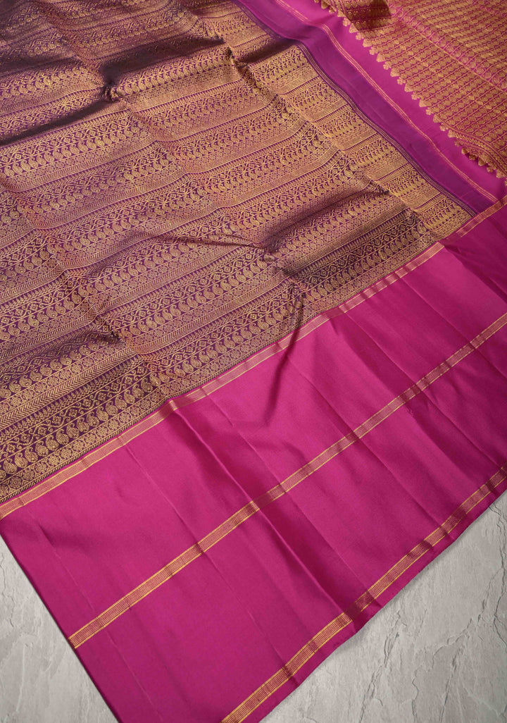 Purple Brocade Kanjivaram Pure Silk Saree with Wide Ganga Jumana Border | SILK MARK CERTIFIED