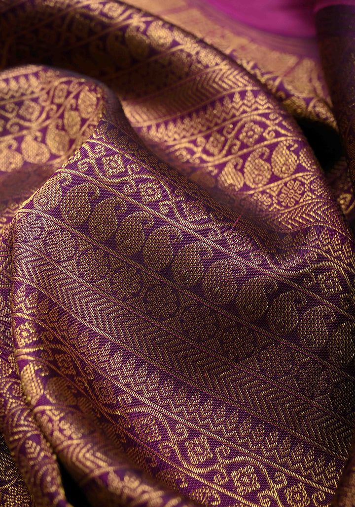 Purple Brocade Kanjivaram Pure Silk Saree with Wide Ganga Jumana Border | SILK MARK CERTIFIED