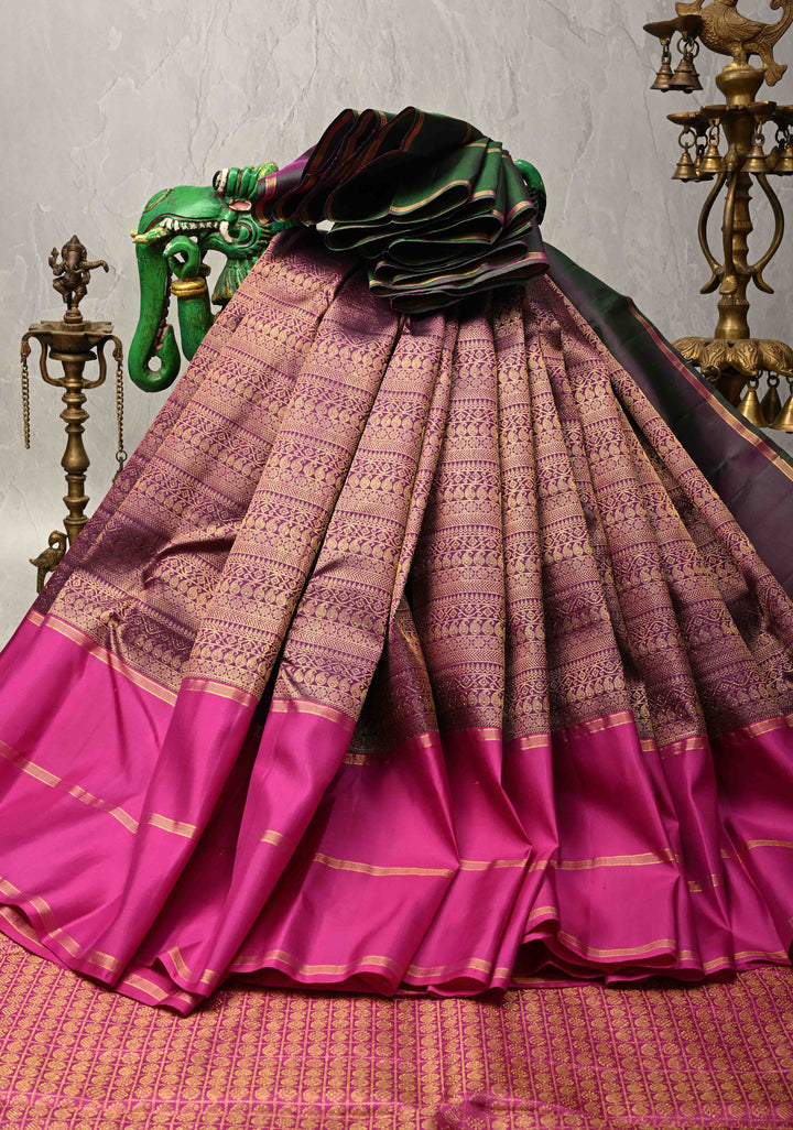 Purple Brocade Kanjivaram Pure Silk Saree with Wide Ganga Jumana Border | SILK MARK CERTIFIED