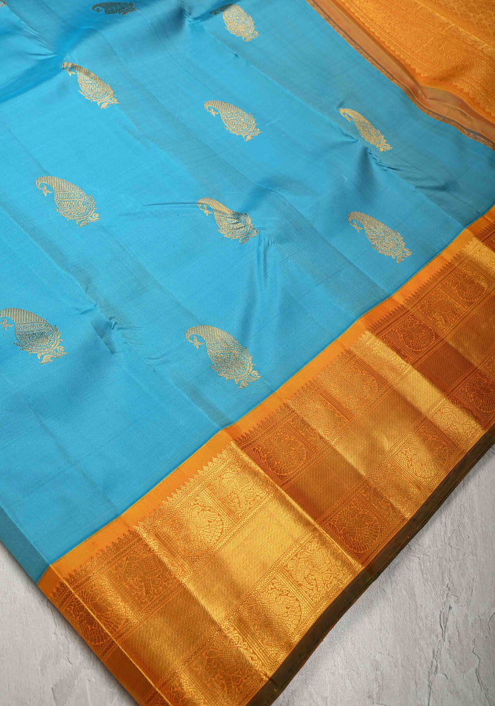 Ananda Blue Kanjivaram Pure Silk Saree with Zari Buttas and Contrast Zari Border | SILK MARK CERTIFIED