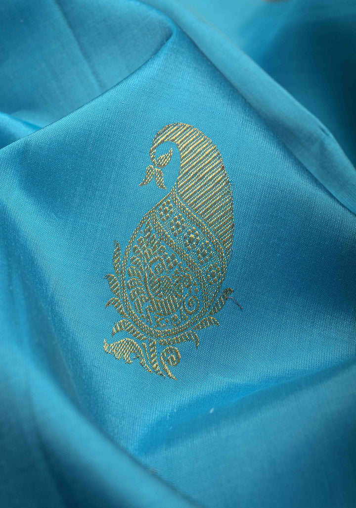 Ananda Blue Kanjivaram Pure Silk Saree with Zari Buttas and Contrast Zari Border | SILK MARK CERTIFIED
