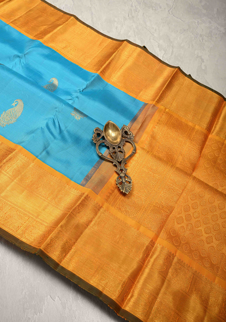 Ananda Blue Kanjivaram Pure Silk Saree with Zari Buttas and Contrast Zari Border | SILK MARK CERTIFIED