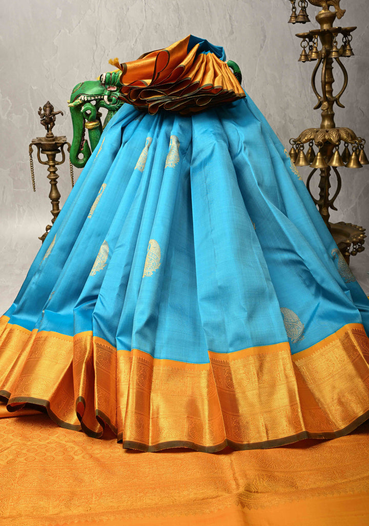Ananda Blue Kanjivaram Pure Silk Saree with Zari Buttas and Contrast Zari Border | SILK MARK CERTIFIED