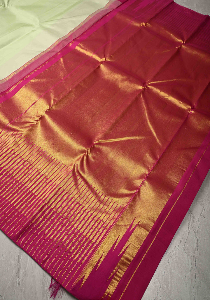 Light Tea Green Korvai Kanjivaram Pure Silk Saree with Contrast Temple Zari Border | SILK MARK CERTIFIED