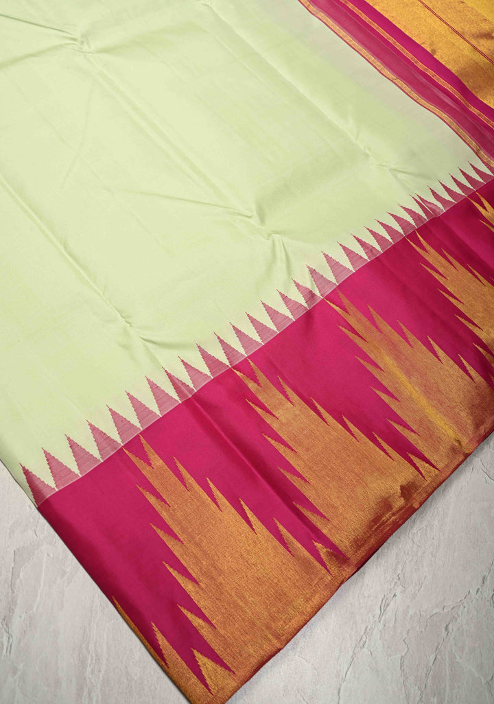 Light Tea Green Korvai Kanjivaram Pure Silk Saree with Contrast Temple Zari Border | SILK MARK CERTIFIED