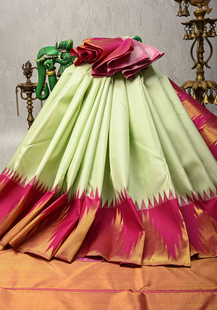 Light Tea Green Korvai Kanjivaram Pure Silk Saree with Contrast Temple Zari Border | SILK MARK CERTIFIED