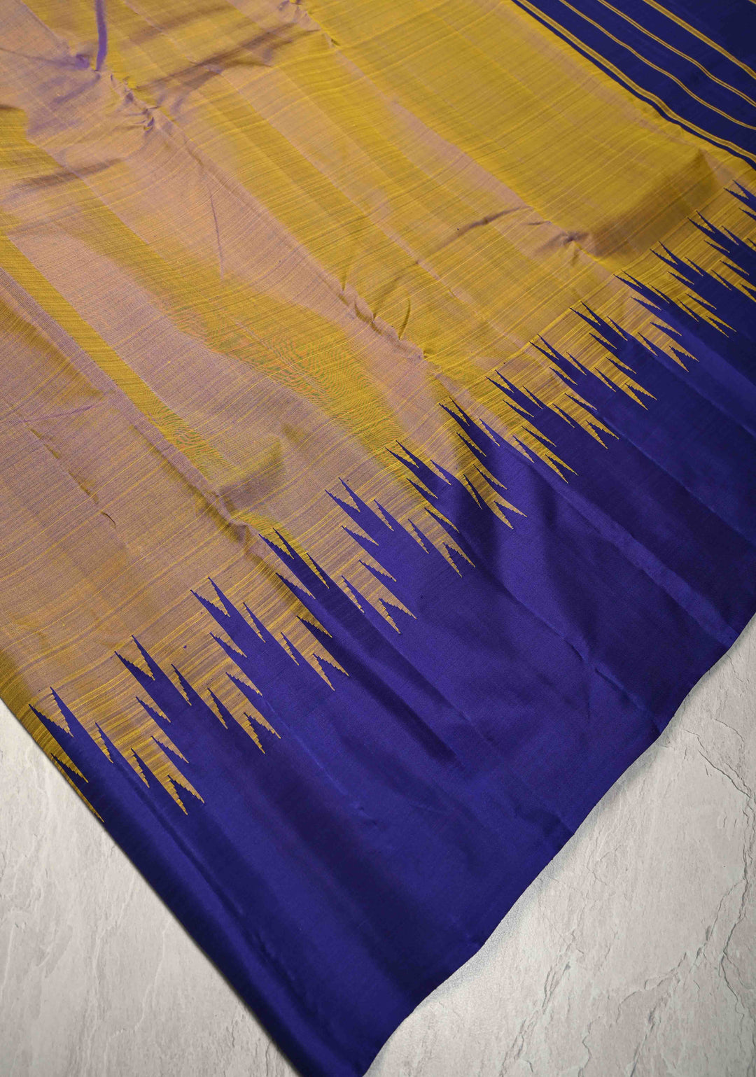 Yellow Dual Tone Pure Kanjivaram Silk Saree with Contrast Temple Border | SILK MARK CERTIFIED
