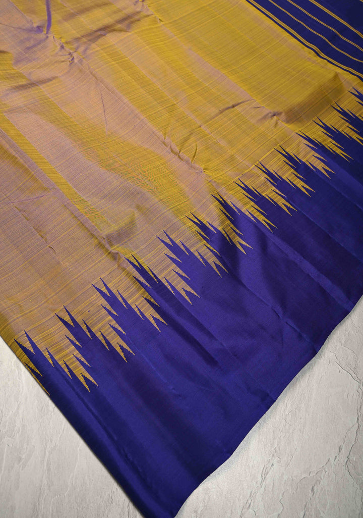 Yellow Dual Tone Pure Kanjivaram Silk Saree with Contrast Temple Border | SILK MARK CERTIFIED