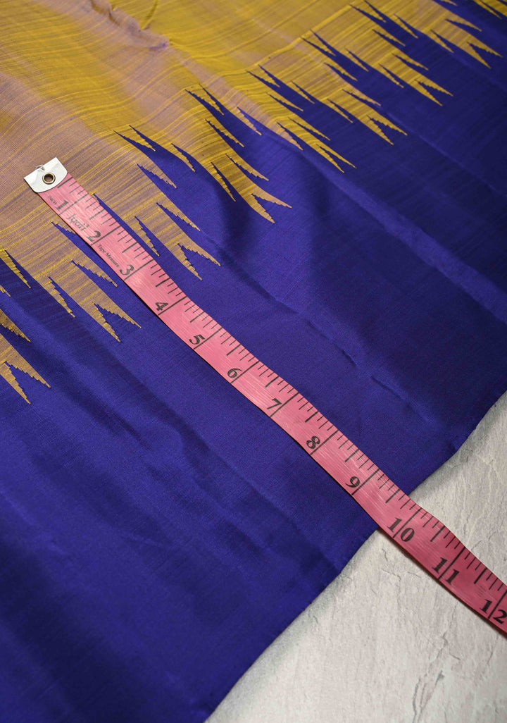 Yellow Dual Tone Pure Kanjivaram Silk Saree with Contrast Temple Border | SILK MARK CERTIFIED