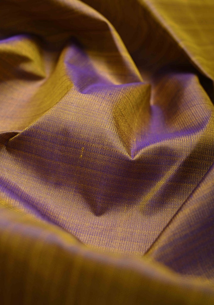 Yellow Dual Tone Pure Kanjivaram Silk Saree with Contrast Temple Border | SILK MARK CERTIFIED