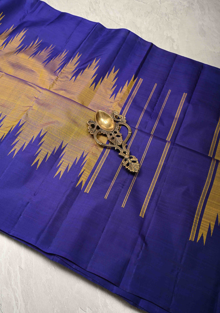 Yellow Dual Tone Pure Kanjivaram Silk Saree with Contrast Temple Border | SILK MARK CERTIFIED