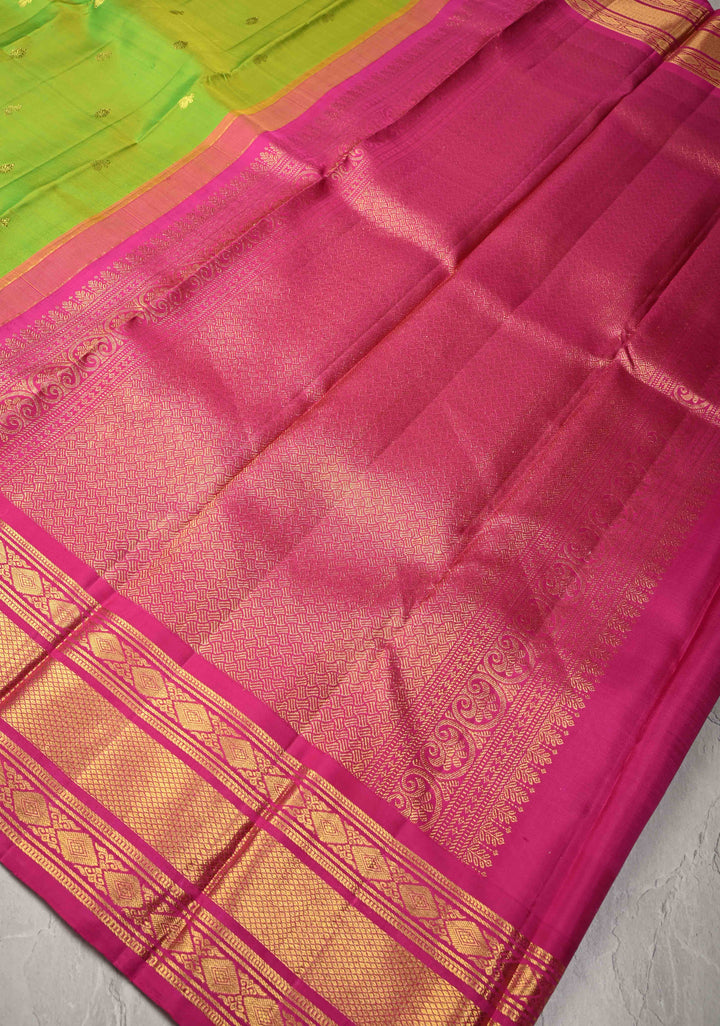 Chartreuse Korvai Weave Kanjivaram Pure Silk Saree with Zari Buttas and Contrast Zari Border | SILK MARK CERTIFIED