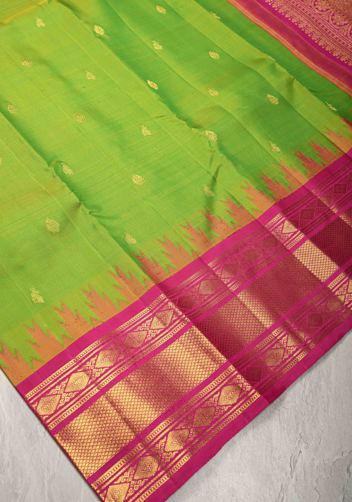 Chartreuse Korvai Weave Kanjivaram Pure Silk Saree with Zari Buttas and Contrast Zari Border | SILK MARK CERTIFIED