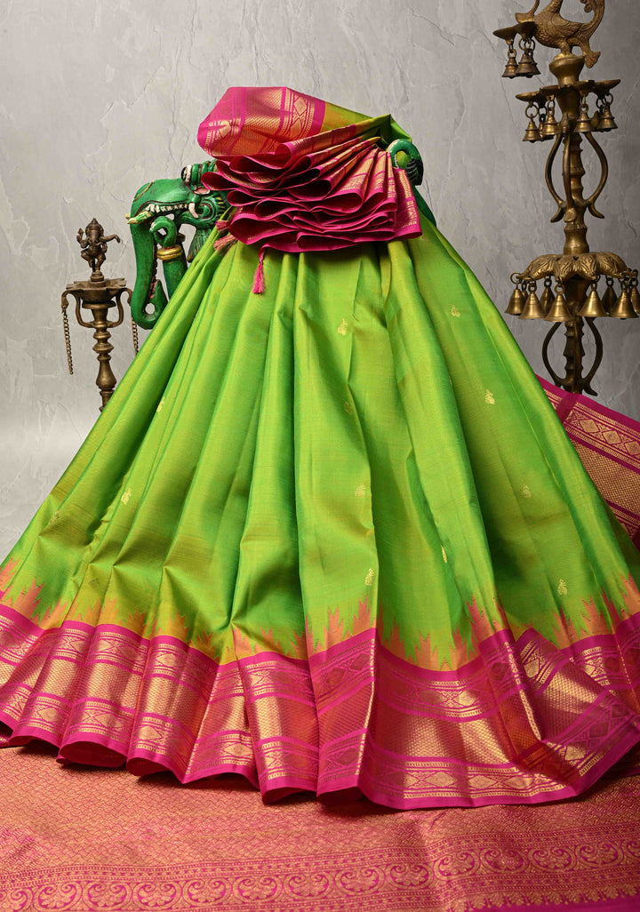 Chartreuse Korvai Weave Kanjivaram Pure Silk Saree with Zari Buttas and Contrast Zari Border | SILK MARK CERTIFIED