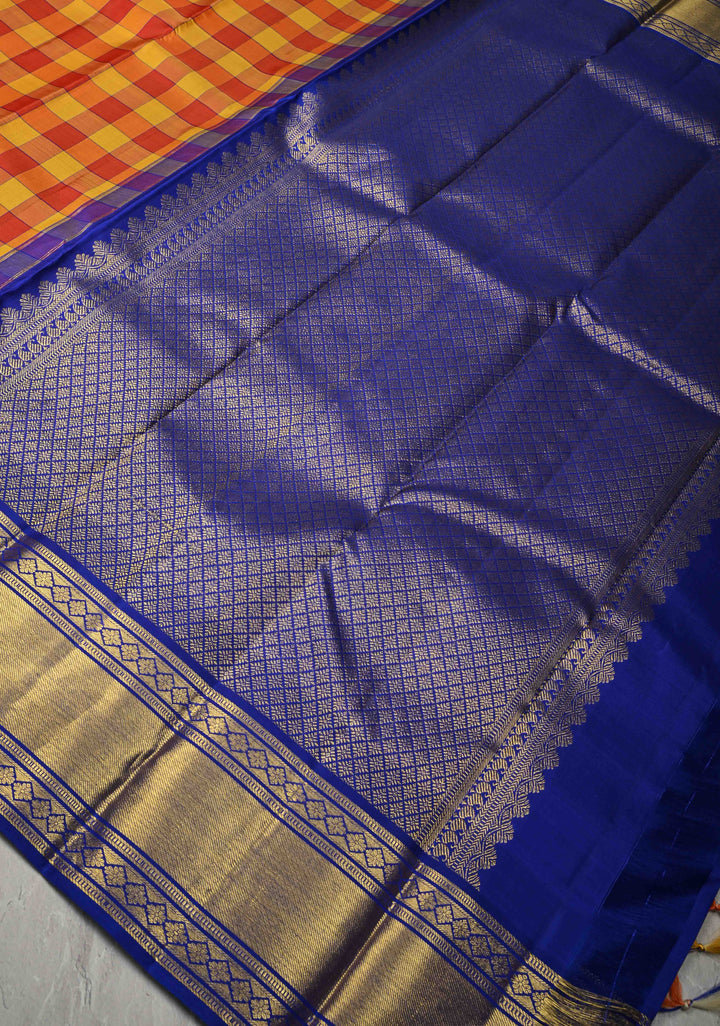 Yellow-Red Kanjivaram Pure Silk Saree with Checks Pattern and Contrast Temple Zari Border | SILK MARK CERTIFIED