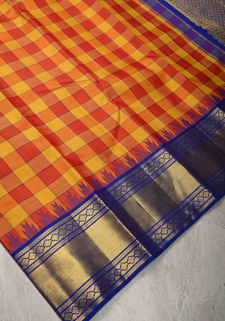 Yellow-Red Kanjivaram Pure Silk Saree with Checks Pattern and Contrast Temple Zari Border | SILK MARK CERTIFIED